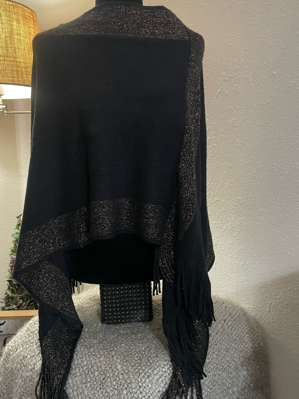 Black Knit Poncho with Metallic Trim